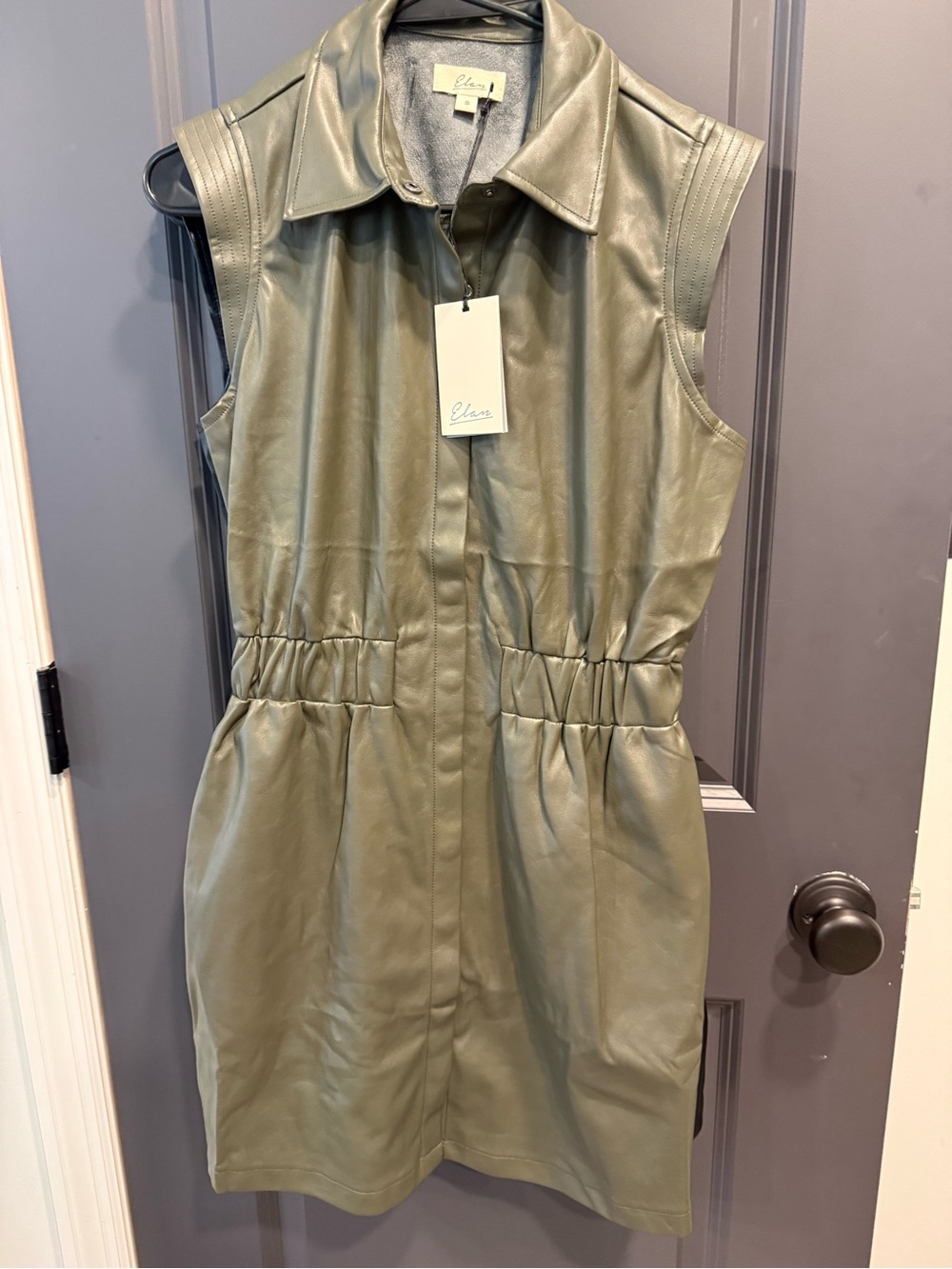 Brand new Size S Elan Olive Green Faux Leather Button-Front Dress